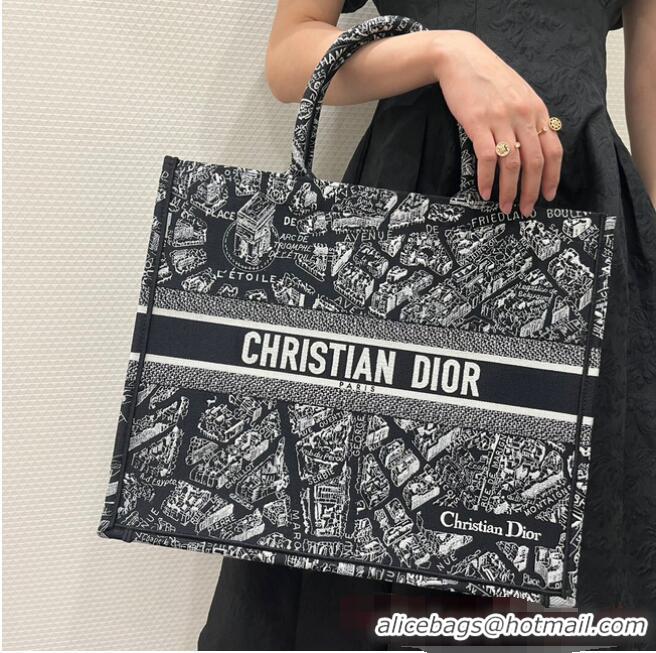 Top Grade LARGE DIOR BOOK TOTE Black and White Plan de Paris Embroidery M1286ZOMP