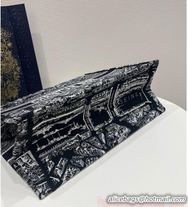 Top Grade LARGE DIOR BOOK TOTE Black and White Plan de Paris Embroidery M1286ZOMP