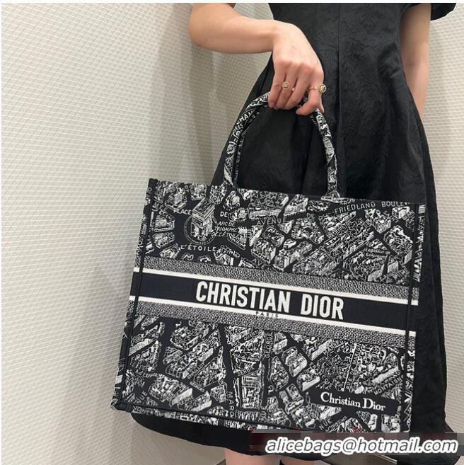 Top Grade LARGE DIOR BOOK TOTE Black and White Plan de Paris Embroidery M1286ZOMP