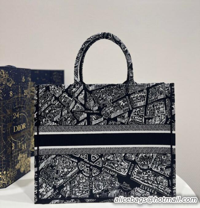 Top Grade LARGE DIOR BOOK TOTE Black and White Plan de Paris Embroidery M1286ZOMP