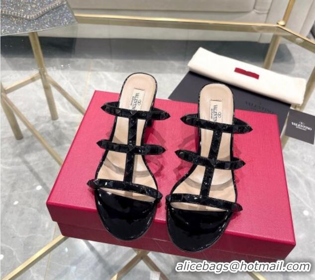 Stylish Valentino Rockstud Patent Leather Heel Slide Sandals 6cm All Black 613180