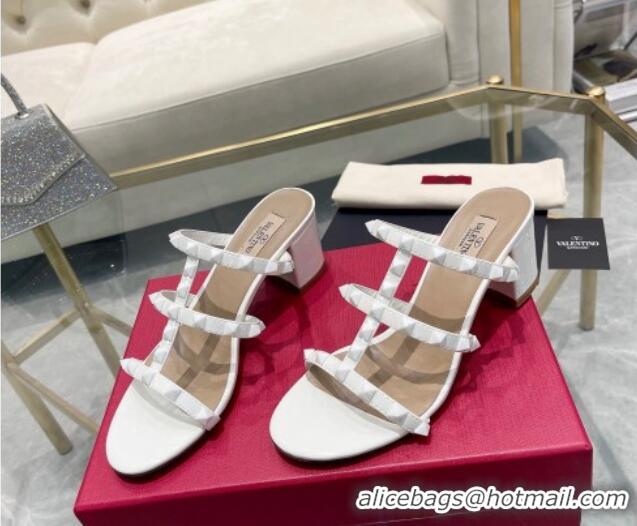 Sumptuous Valentino Rockstud Patent Leather Heel Slide Sandals 6cm All White 613181