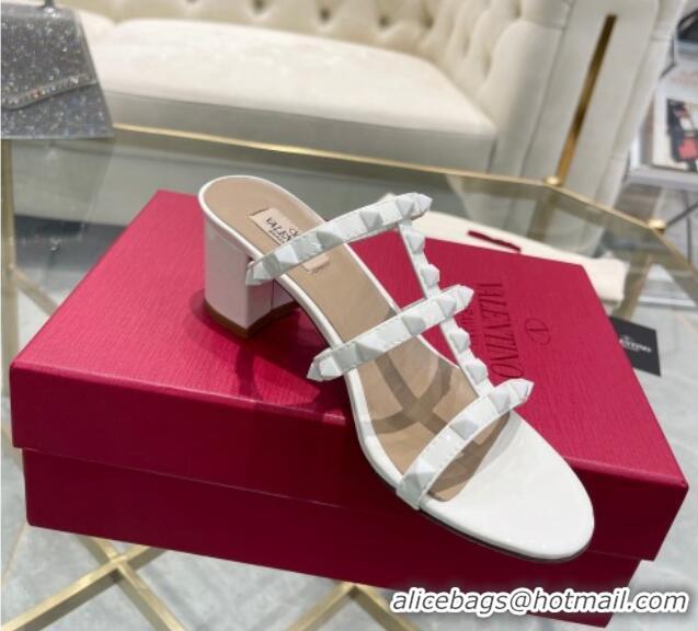 Sumptuous Valentino Rockstud Patent Leather Heel Slide Sandals 6cm All White 613181