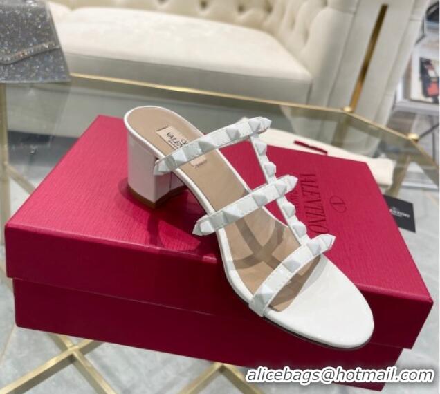 Sumptuous Valentino Rockstud Patent Leather Heel Slide Sandals 6cm All White 613181