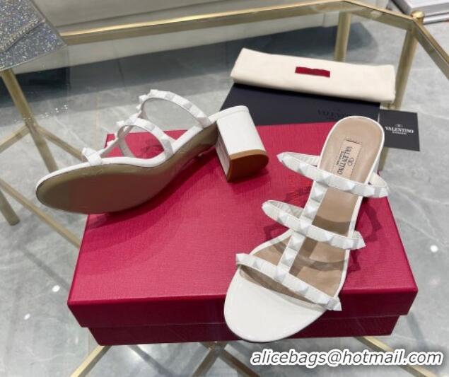 Sumptuous Valentino Rockstud Patent Leather Heel Slide Sandals 6cm All White 613181