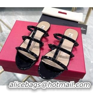 Good Quality Valentino Rockstud Patent Leather Flat Slide Sandals All Black 613183