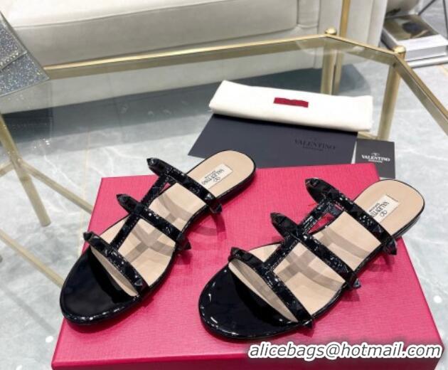 Good Quality Valentino Rockstud Patent Leather Flat Slide Sandals All Black 613183