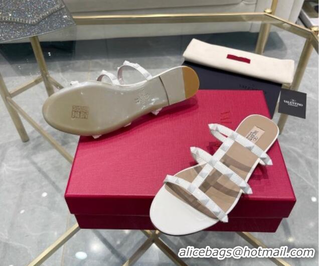 Popular Style Valentino Rockstud Patent Leather Flat Slide Sandals All White 613184