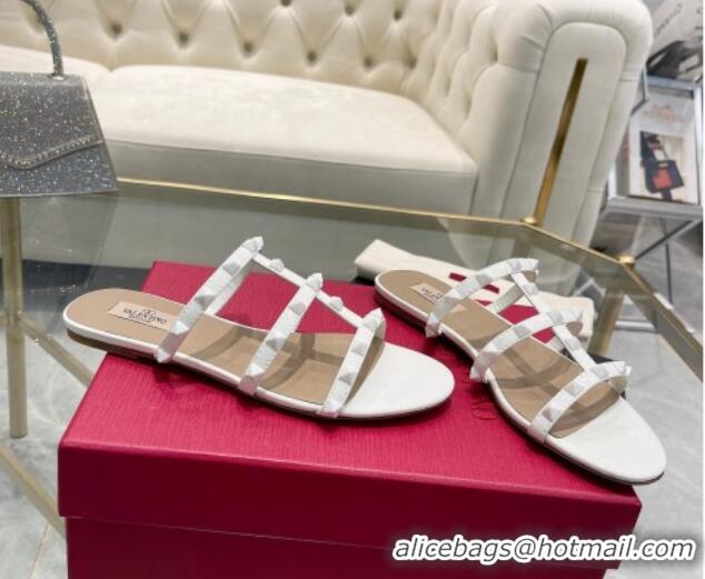 Popular Style Valentino Rockstud Patent Leather Flat Slide Sandals All White 613184