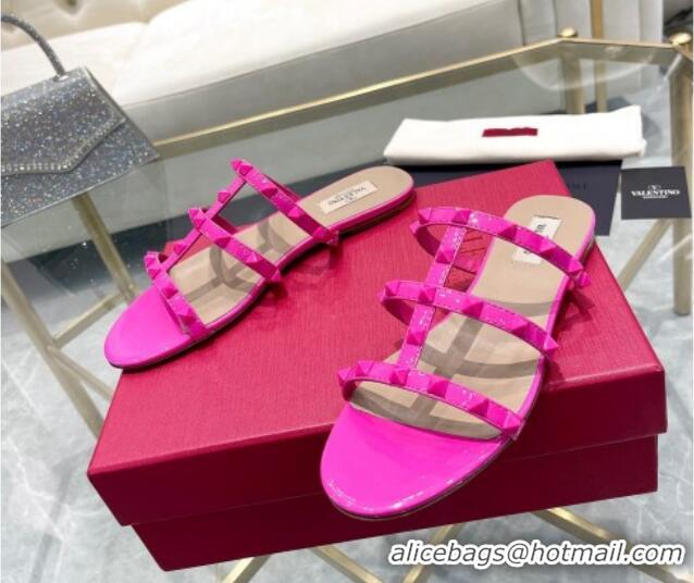 Good Product Valentino Rockstud Patent Leather Flat Slide Sandals All PP Pink 613185