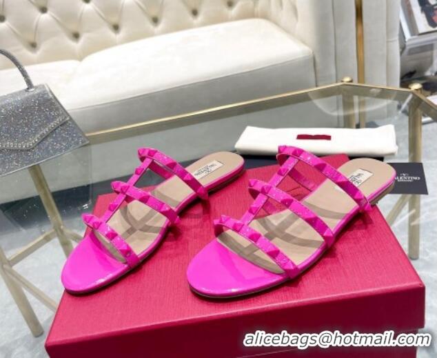 Good Product Valentino Rockstud Patent Leather Flat Slide Sandals All PP Pink 613185