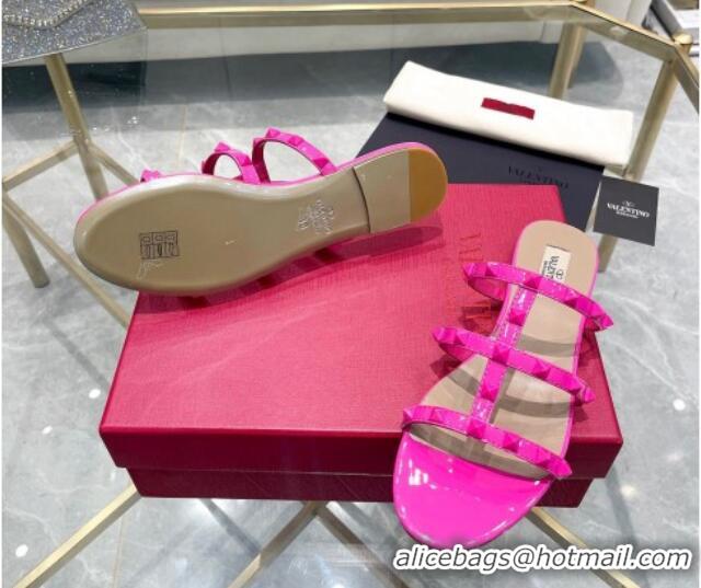 Good Product Valentino Rockstud Patent Leather Flat Slide Sandals All PP Pink 613185