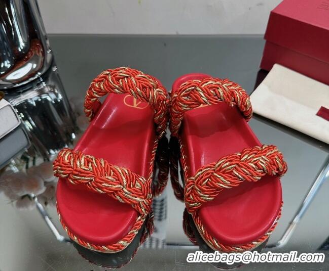 Hot Style Valentino Roman Stud Slide Sandals with Braided Strap Red 613186