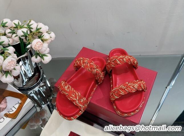 Hot Style Valentino Roman Stud Slide Sandals with Braided Strap Red 613186