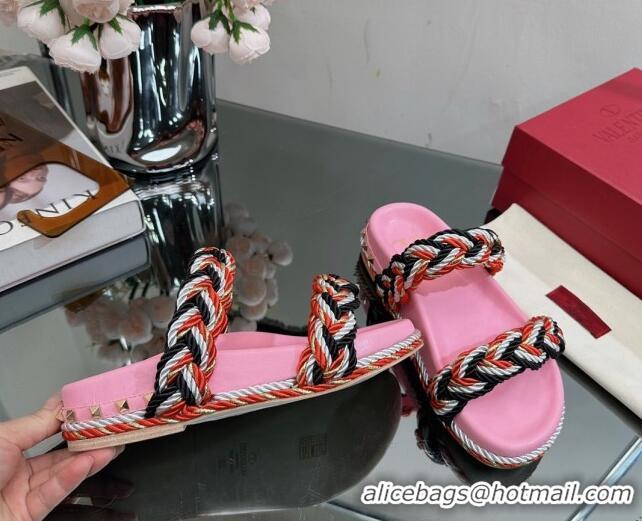 Good Product Valentino Roman Stud Slide Sandals with Braided Strap Pink 613187