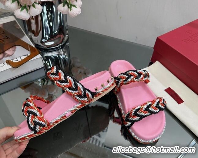 Good Product Valentino Roman Stud Slide Sandals with Braided Strap Pink 613187