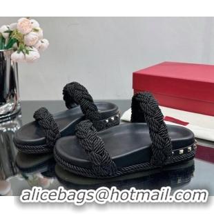 Best Grade Valentino Roman Stud Slide Sandals with Braided Strap Black 613189