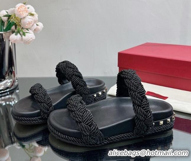 Best Grade Valentino Roman Stud Slide Sandals with Braided Strap Black 613189