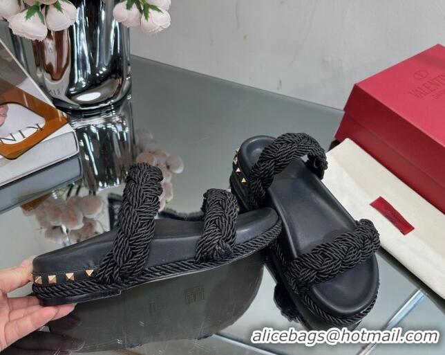 Best Grade Valentino Roman Stud Slide Sandals with Braided Strap Black 613189