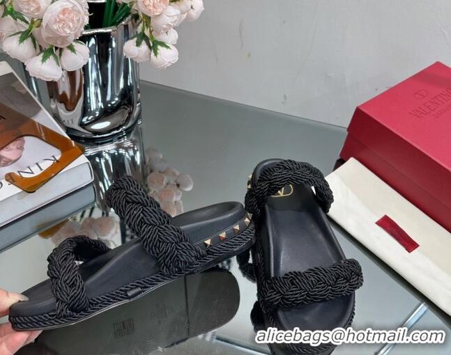 Best Grade Valentino Roman Stud Slide Sandals with Braided Strap Black 613189