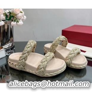 Top Grade Valentino Roman Stud Slide Sandals with Braided Strap Beige 613190