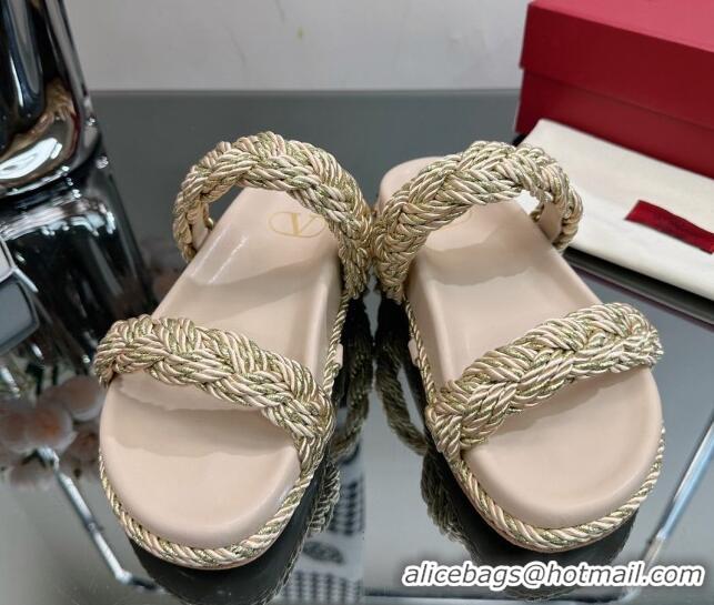 Top Grade Valentino Roman Stud Slide Sandals with Braided Strap Beige 613190