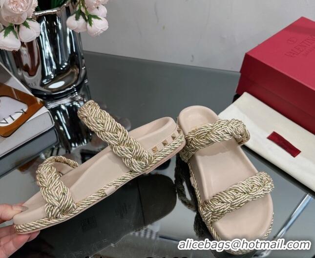 Top Grade Valentino Roman Stud Slide Sandals with Braided Strap Beige 613190