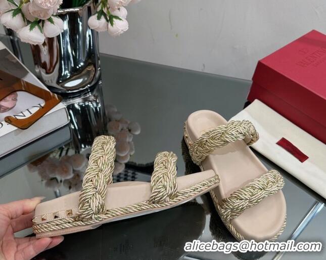 Top Grade Valentino Roman Stud Slide Sandals with Braided Strap Beige 613190