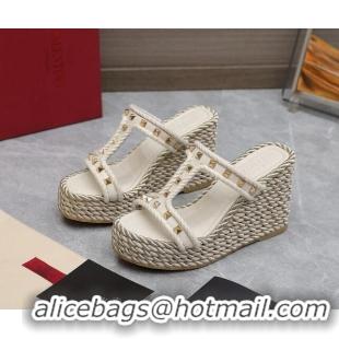 Good Quality Valentino Rockstud Wedge Slide Sandals 9.5cm in Calfskin White 626005