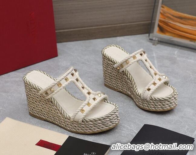 Good Quality Valentino Rockstud Wedge Slide Sandals 9.5cm in Calfskin White 626005