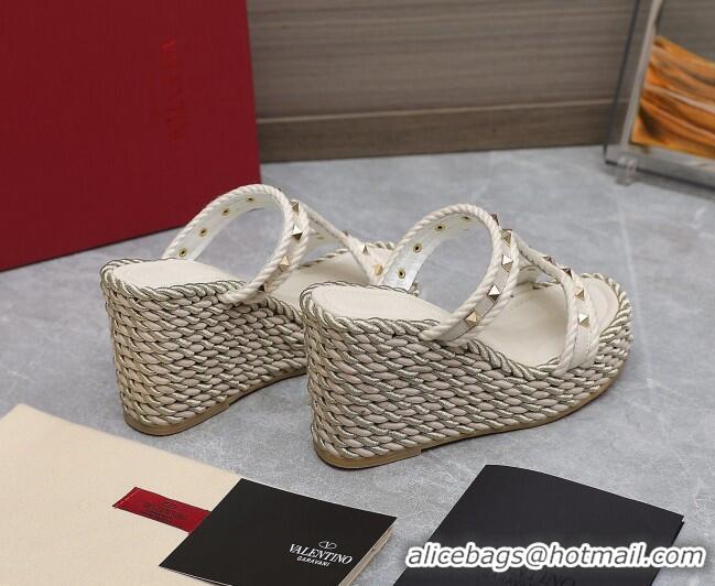 Good Quality Valentino Rockstud Wedge Slide Sandals 9.5cm in Calfskin White 626005