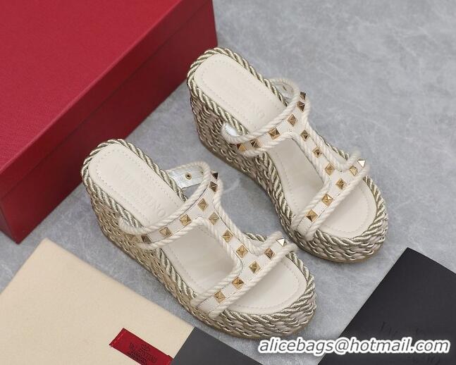 Good Quality Valentino Rockstud Wedge Slide Sandals 9.5cm in Calfskin White 626005