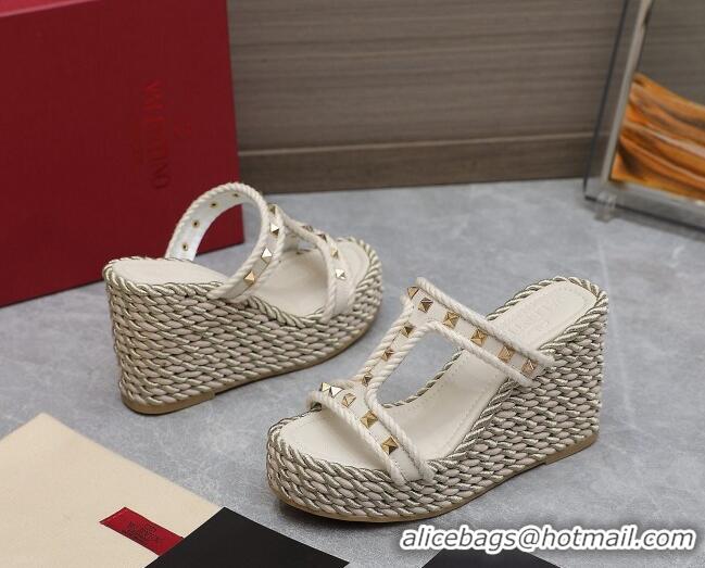 Good Quality Valentino Rockstud Wedge Slide Sandals 9.5cm in Calfskin White 626005