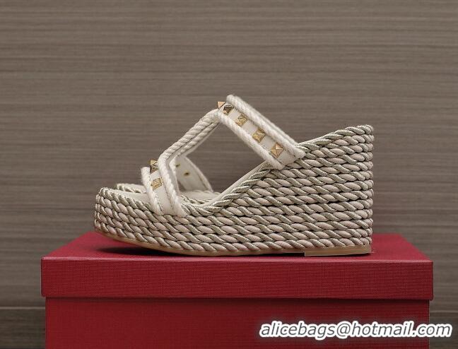 Good Quality Valentino Rockstud Wedge Slide Sandals 9.5cm in Calfskin White 626005