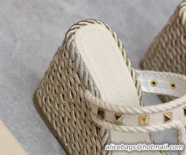 Good Quality Valentino Rockstud Wedge Slide Sandals 9.5cm in Calfskin White 626005