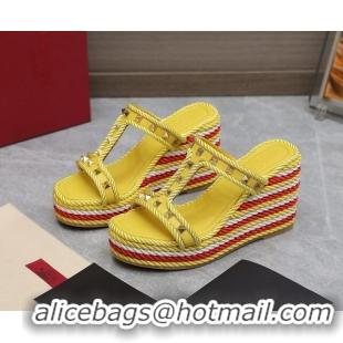 Top Design Valentino Rockstud Wedge Slide Sandals 9.5cm in Calfskin Yellow 626006