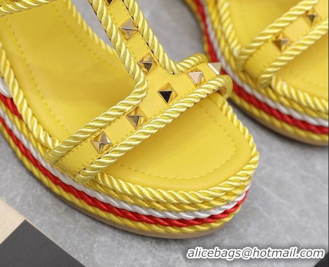 Top Design Valentino Rockstud Wedge Slide Sandals 9.5cm in Calfskin Yellow 626006