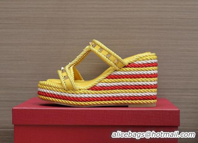 Top Design Valentino Rockstud Wedge Slide Sandals 9.5cm in Calfskin Yellow 626006