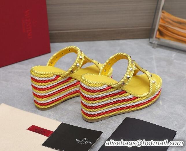 Top Design Valentino Rockstud Wedge Slide Sandals 9.5cm in Calfskin Yellow 626006