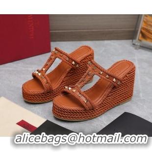 Good Quality Valentino Rockstud Wedge Slide Sandals 9.5cm in Calfskin Brown 626007