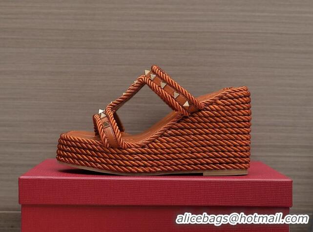 Good Quality Valentino Rockstud Wedge Slide Sandals 9.5cm in Calfskin Brown 626007