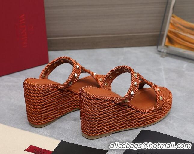 Good Quality Valentino Rockstud Wedge Slide Sandals 9.5cm in Calfskin Brown 626007