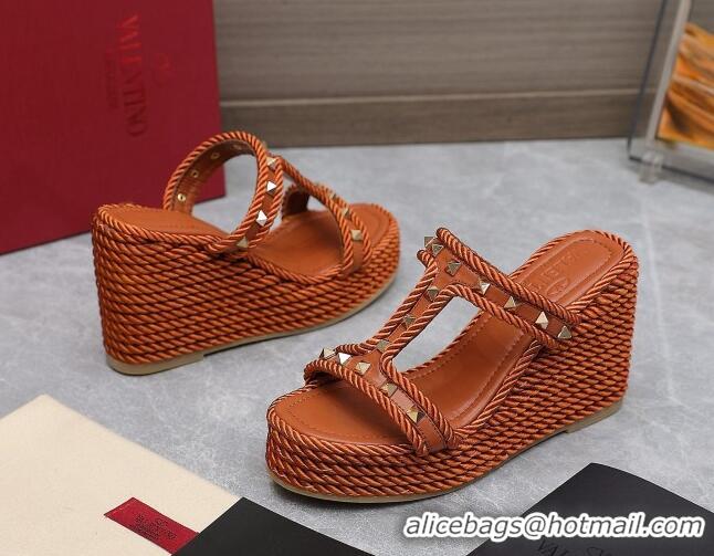 Good Quality Valentino Rockstud Wedge Slide Sandals 9.5cm in Calfskin Brown 626007