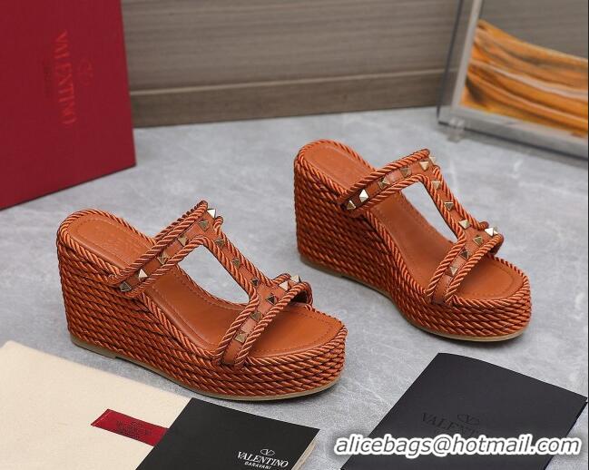 Good Quality Valentino Rockstud Wedge Slide Sandals 9.5cm in Calfskin Brown 626007