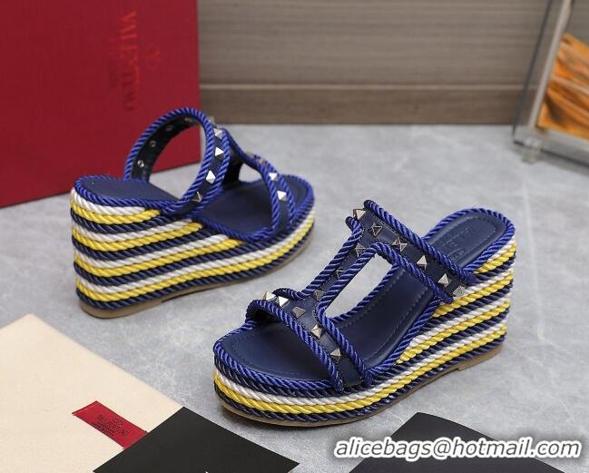 Pretty Style Valentino Rockstud Wedge Slide Sandals 9.5cm in Calfskin Blue 626008