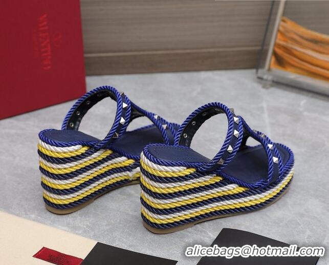 Pretty Style Valentino Rockstud Wedge Slide Sandals 9.5cm in Calfskin Blue 626008