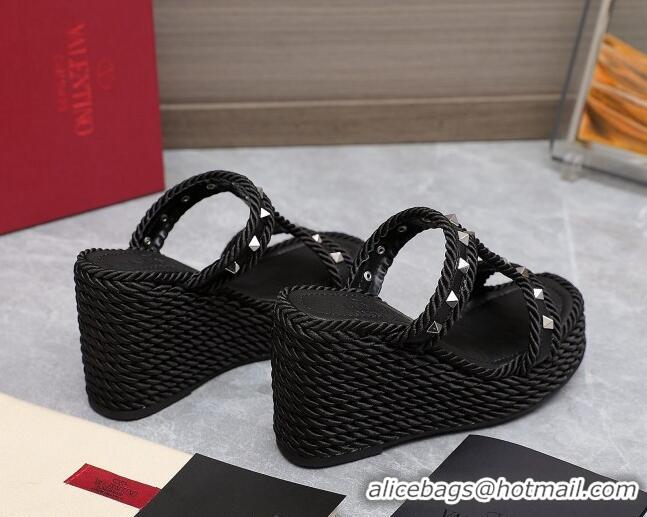 Best Product Valentino Rockstud Wedge Slide Sandals 9.5cm in Calfskin Black/Silver 626009