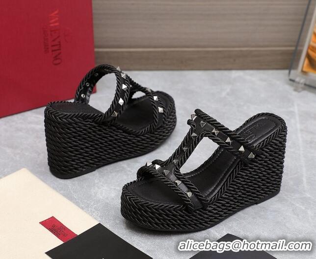 Best Product Valentino Rockstud Wedge Slide Sandals 9.5cm in Calfskin Black/Silver 626009