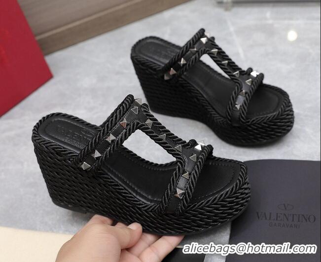 Best Product Valentino Rockstud Wedge Slide Sandals 9.5cm in Calfskin Black/Silver 626009