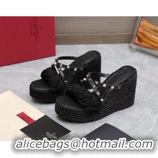 Low Cost Valentino Rockstud Wedge Slide Sandals 9.5cm with silk Cords Black/Silver 626011